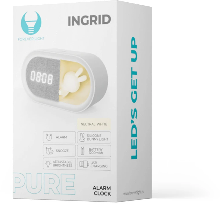 Žadintuvas su LED zuikio formos naktine lempute PURE FNL-05 INGRID baltas ilgas Forever Light