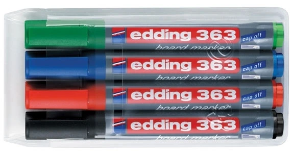 Žymeklių baltai lentai rinkinys Edding 363, kirstu galiuku, 1-5mm, 4 spalvos
