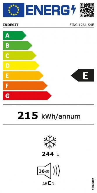 INDESIT Šaldiklis | FINS 1261 S4E | Energijos vartojimo efektyvumo klasė E | Vertikalus | Laisvai pastatomas | Aukštis 171 cm | Bendra grynoji talpa 244 l | Sidabrinis