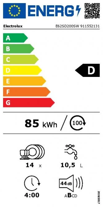 60 cm pločio laisvai pastatoma baltos spalvos indaplovė Electrolux E62SD200SW