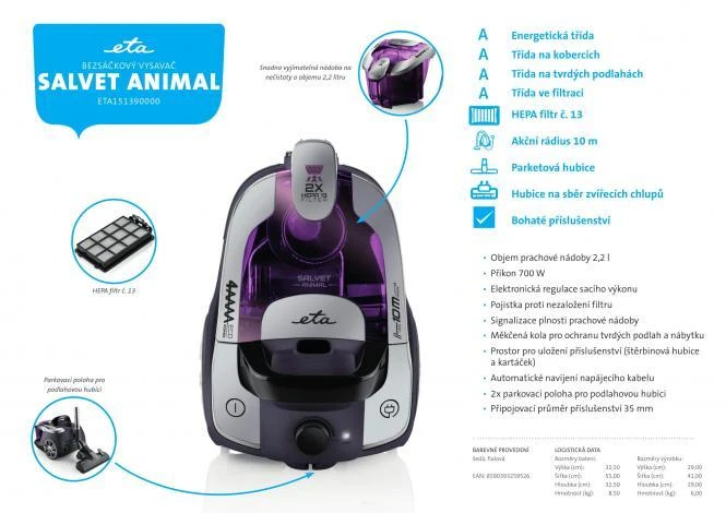 AAAA klasių cikloninis dulkių siurblys ETA151390000 Salvet Animal