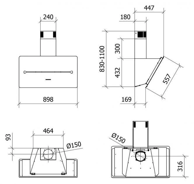 Baltos spalvos pasviręs prie sienos montuojamas gartraukis Baraldi One Wall 60cm 700 m3/h