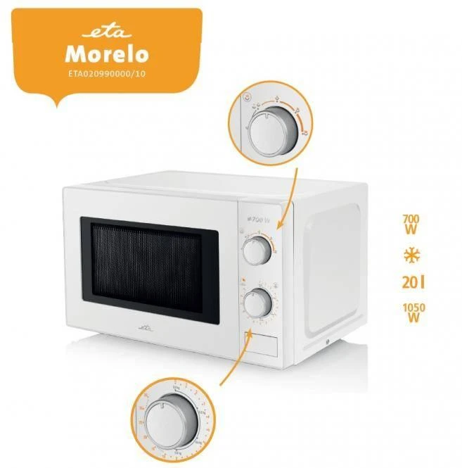 ETA MORELO mikrobangų krosnelė orkaitė ETA020990000 20 L, Mechaninė, 700 W, Baltas, Laisvai stovi, Atitirpinimo funkcija