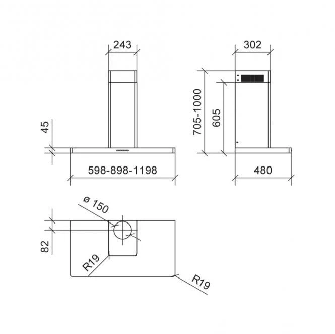Ner.plieno spalvos T formos prie sienos montuojamas gartraukis Baraldi Dea Wall 90cm 700m3/h