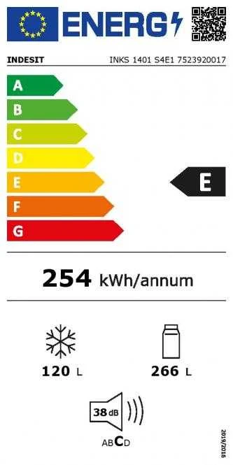 INDESIT Šaldytuvas | INKS 1401 S4E1 | Energy efficiency class E | Free standing | Combi | Height 202.5 cm | Šaldytuvas net capacity 266 L | Šaldiklis net capacity 120 L | 38 dB | Sidabrinis