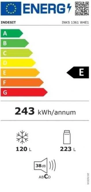 INDESIT Šaldytuvas | INKS 1361 W4E1 | Energy efficiency class E | Free standing | Combi | Height 185.2 cm | Šaldytuvas net capacity 223 L | Šaldiklis net capacity 120 L | 38 dB | Baltas
