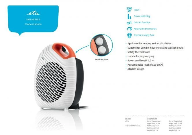 ETA | Šildytuvas | Vietro ETA062290000 | Ventiliatorinis šildytuvas | Galios lygių skaičius: 2 | Baltas | Skersmuo: 20 cm | N/A | 2000 W