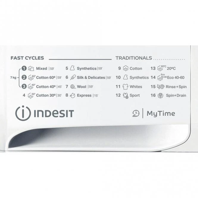 INDESIT | Skalbimo mašina | MTWE 71252 WK EE | Energy efficiency class E | Front loading | Skalbimo talpa 7kg | 1200 RPM | Gylis 54 cm | Plotis 59.5 cm | Ekranas | Big Digit | Baltas