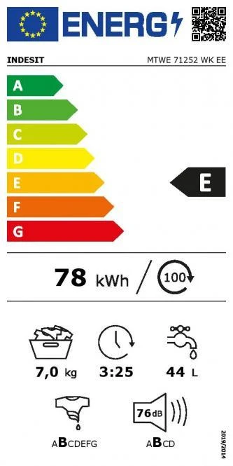 INDESIT | Skalbimo mašina | MTWE 71252 WK EE | Energy efficiency class E | Front loading | Skalbimo talpa 7kg | 1200 RPM | Gylis 54 cm | Plotis 59.5 cm | Ekranas | Big Digit | Baltas