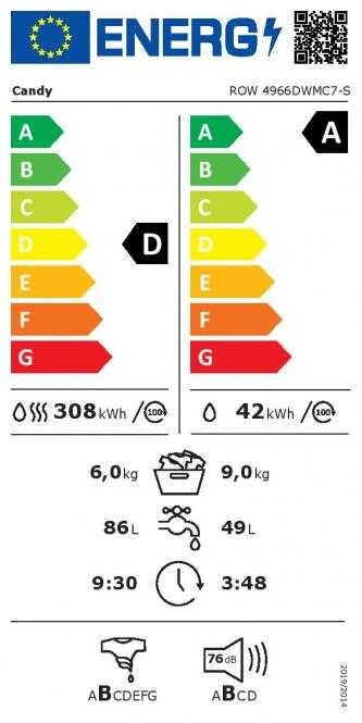 Candy | Skalbimo mašina su džiovykle | ROW 4966DWMC7-S | Energijos vartojimo efektyvumo klasė D | Priekinis pakrovimas | Skalbimo talpa 9kg | 1400 aps./min. | Plotis 58 cm | Plotis 60 cm | Ekranas | TFT | Džiovinimo sistema | Džiovinimo talpa 6kg | Garinimo funkcija | Baltas