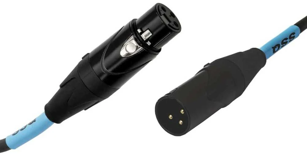 XLR kabelio jungtys su mėlynais laidų žymėjimais