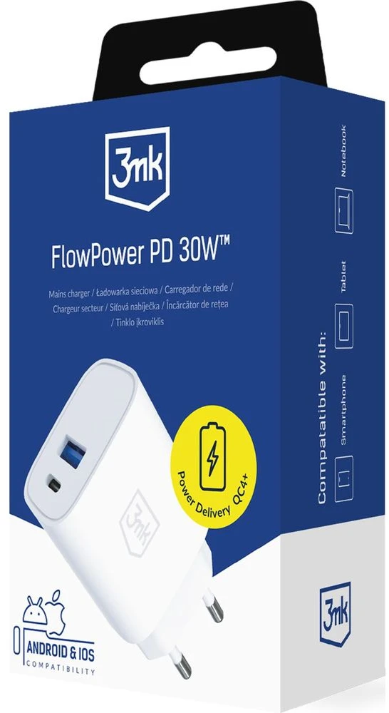 3Mk Protection 3mk FlowPower 30W 1A1C PD 3.0 QC4+ sieninis įkroviklis - Baltas