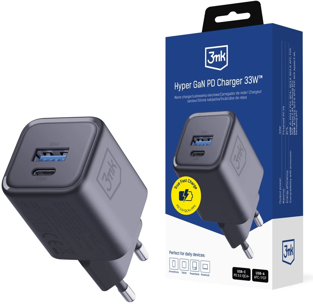 3Mk apsaugos priedai - 3mk Hyper Charger PD 33W GaN QC4+ PPS AFC FCP SCP 1A1C Juodas