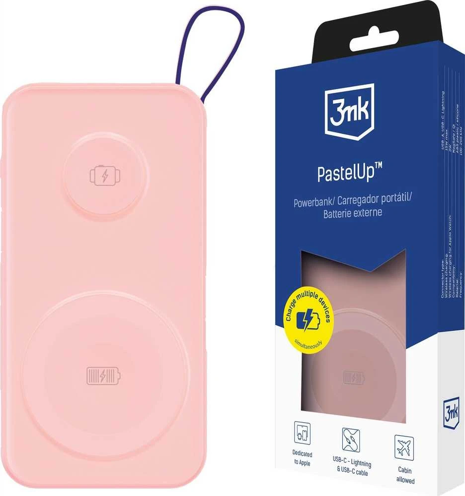 3MK Powerbank PastelUp 10,000mAh 22.5Wz Magsafe +charging Apple Watch rožinės spalvos