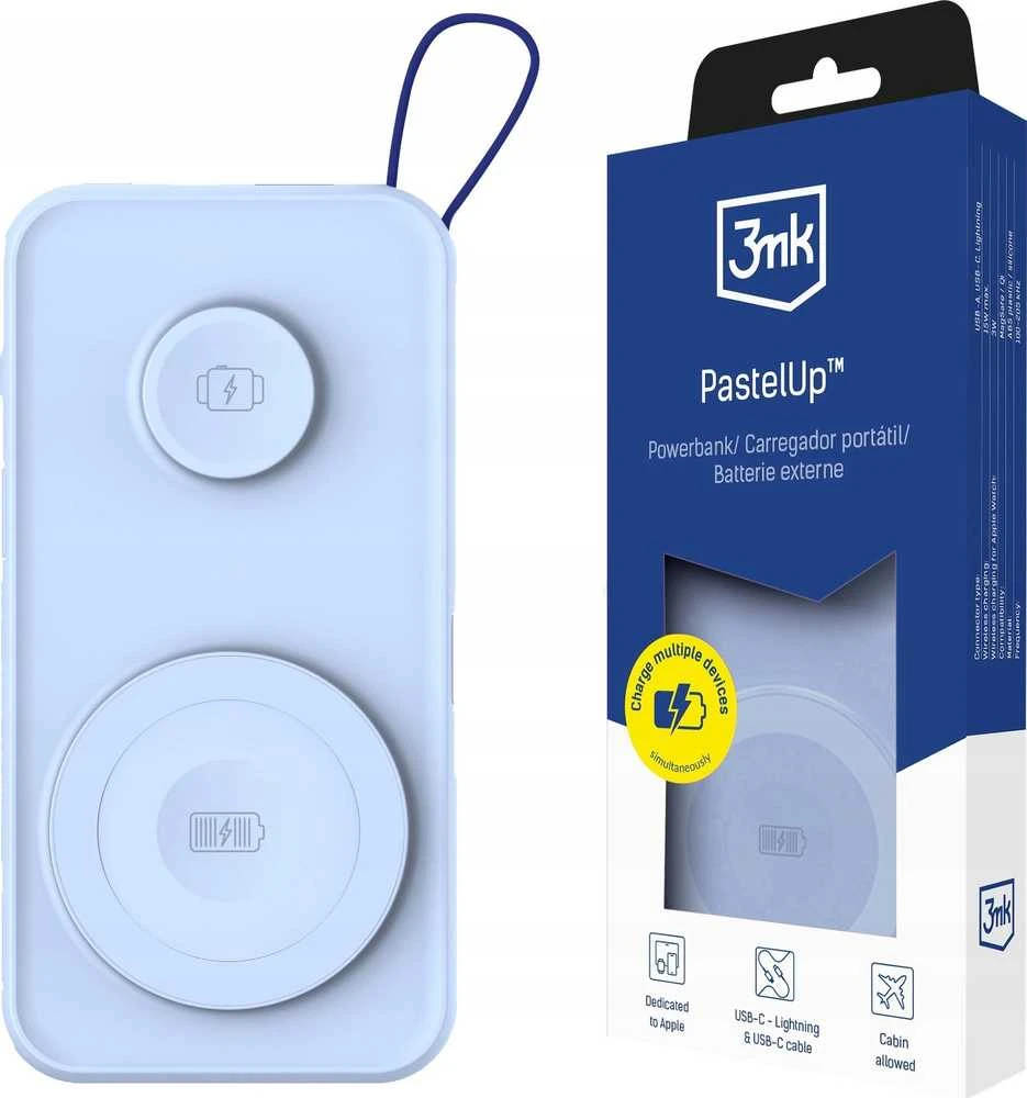 3MK Powerbank PastelUp 10,000mAh 22.5Wz Magsafe + įkrovimas Apple Watch mėlynos spalvos