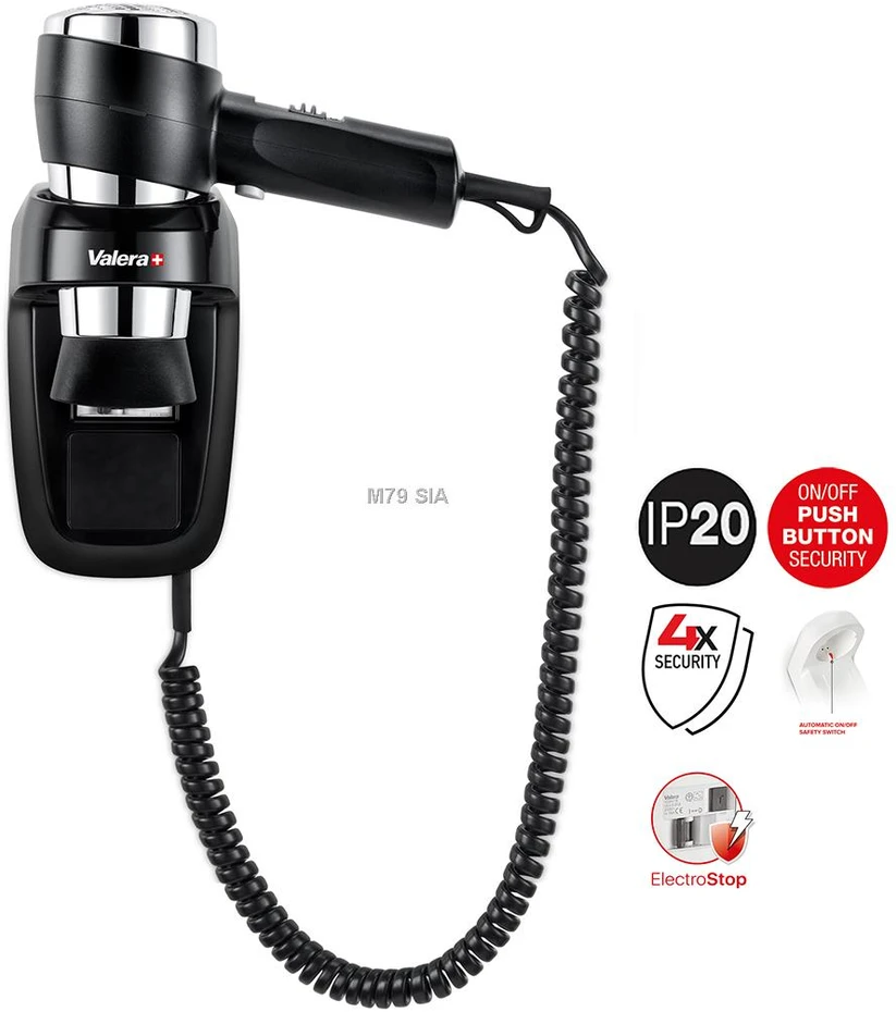 Wall-mounted plaukų džiovintuvas Valera Action PROTECT 1600 (juodas)