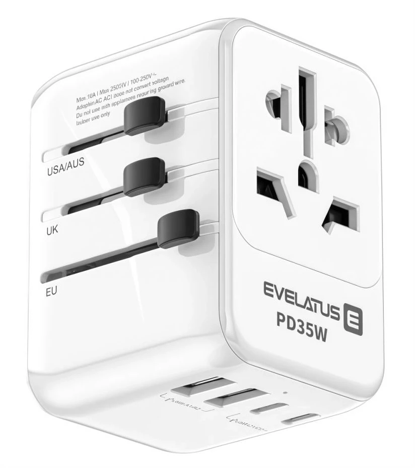 Evelatus 651DCPro 2in1 Pasaules 160 valstu barošanas adapteris un PD 35W lādētājs 3x USB-C / 2x USB Balts