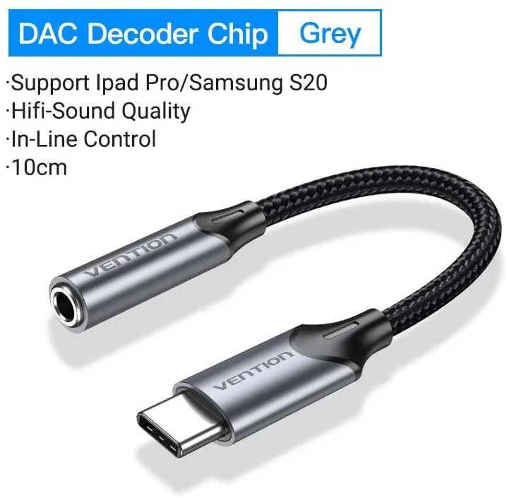 Vention BGMHA USB-C kištukas iki 3.5 mm lizdo 0.1 M adapteris (pilkas)