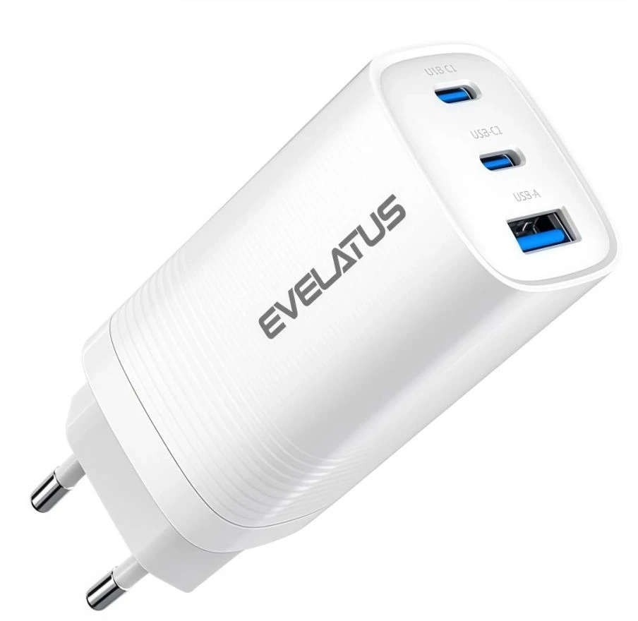 Įkroviklis Evelatus Adapteris 65W Max Fast Charger EU USB-C1/USB-C1/USB-A Baltas (ETC09)
