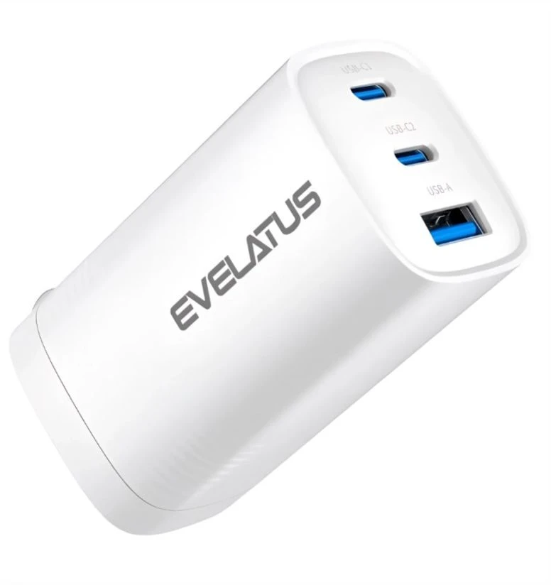 Evelatus 65W GaN ātrā lādētāja 2× USB-C + USB-A CN spraudnis PD/QC daudzportu izeja baltā krāsā