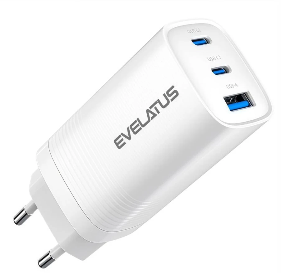 Evelatus 65W Max greitas įkroviklis EU USB-C1/USB-C1/USB-A Baltas