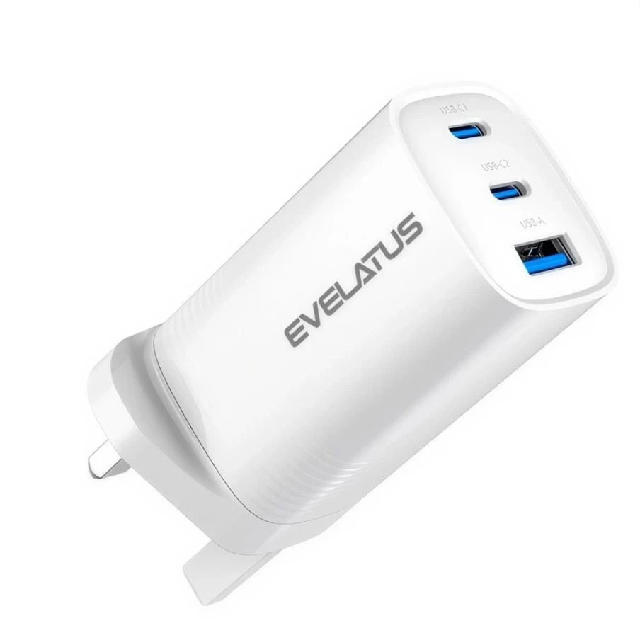 Evelatus 65W GaN Ātrais Lādētājs UK Kontaktligzda 2× USB-C + USB-A PD/QC Multi-Port Balts