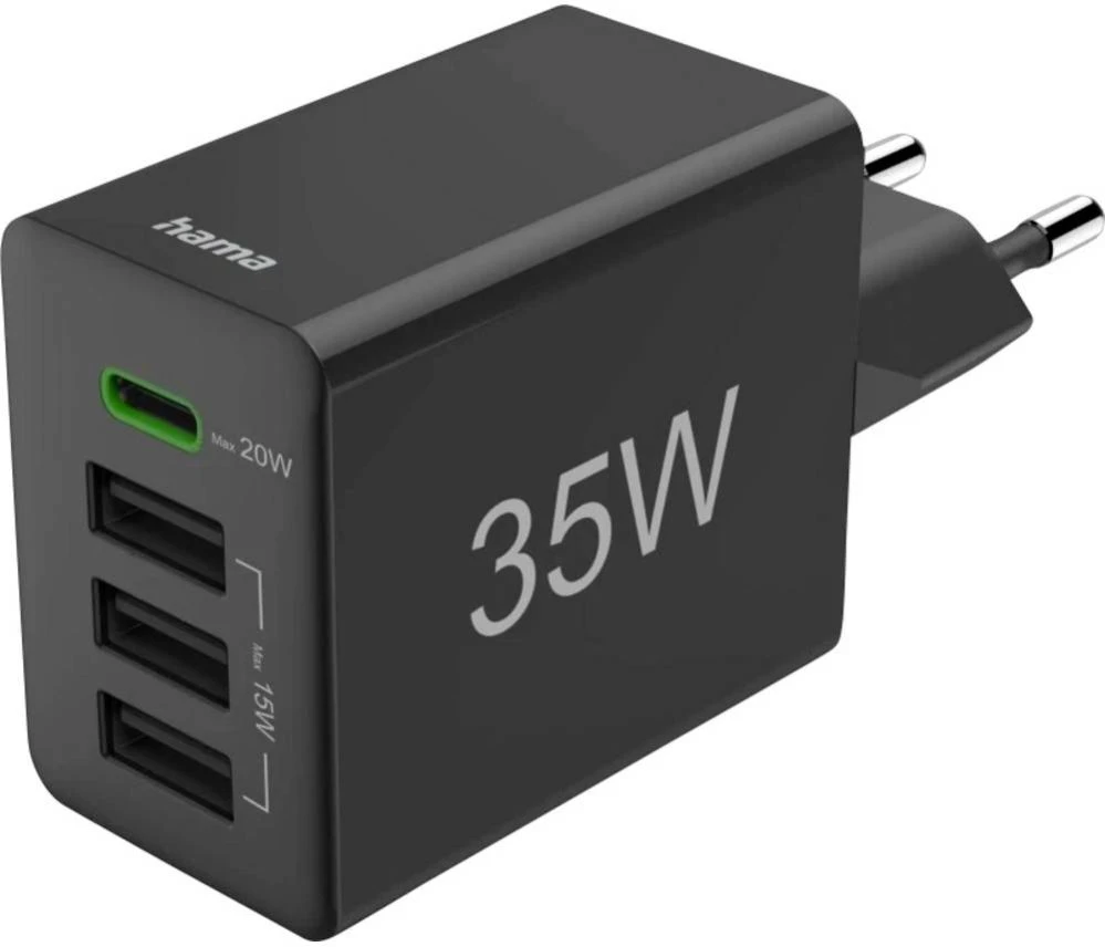 Hama 35W PD/QC 1x USB-C, 3x USB-A, juoda