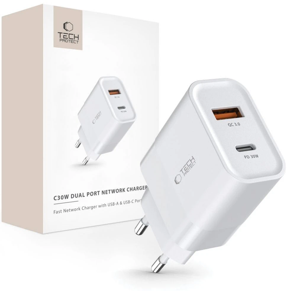 Įkroviklis 30W USB QC3.0 + USB-C PD Tech-Protect C30W baltos spalvos