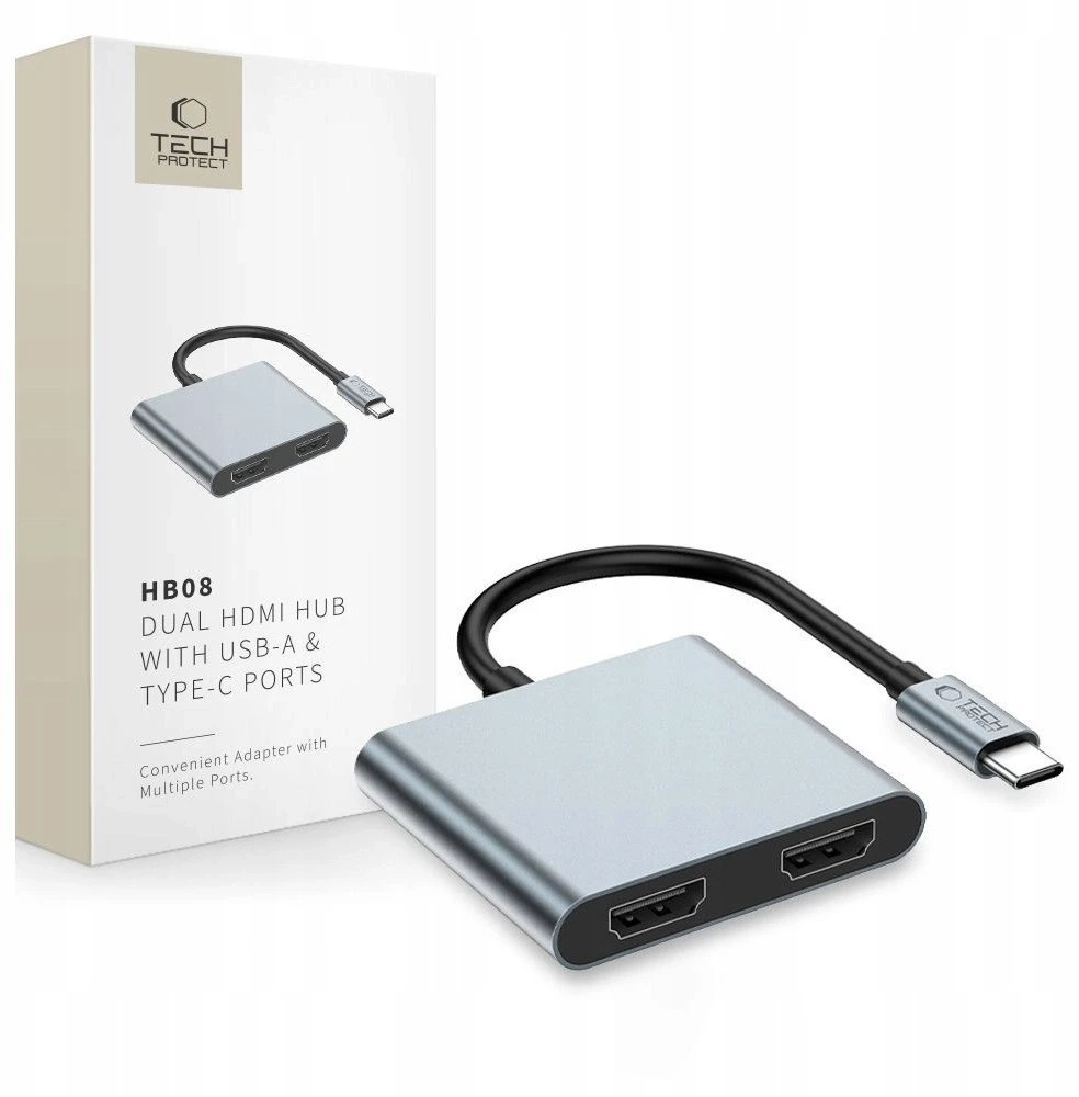 Tech-Protect HB08 4 viename USB-C + USB2.0 + 2 x HDMI 4K 60HZ adapteris – pilkas