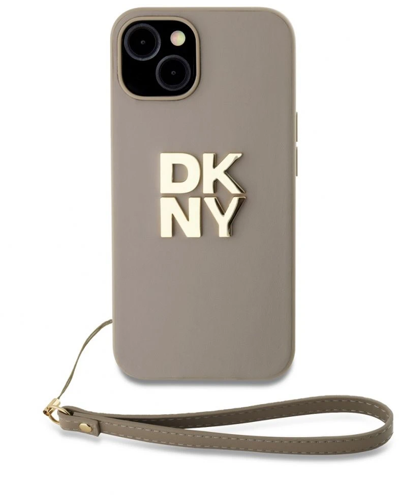 DKNY DKHCP15SPBSWSE Apple iPhone 15 / 14 / 13 6.1" smėlio spalvos kietas dėklas su riešo dirželiu ir gamykliniu logotipu