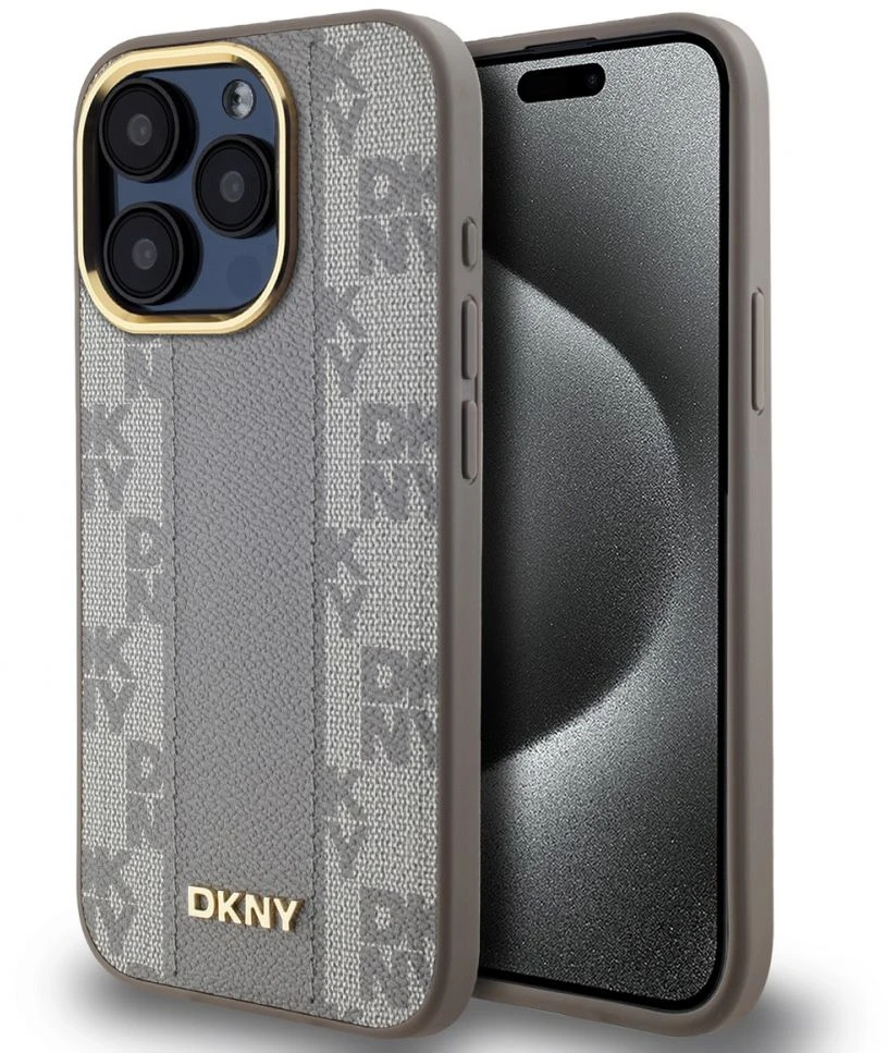 DKNY PU Leather Checkered Pattern Magsafe dėklas telefonui Apple iPhone 15 Pro Max rusvai gelsvas
