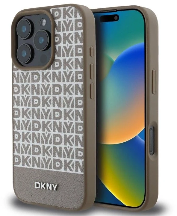 DKNY PU odos dėklas su pasikartojančiu raštu ir apatine juostele, skirtas MagSafe iPhone 16 Pro Max, rudas