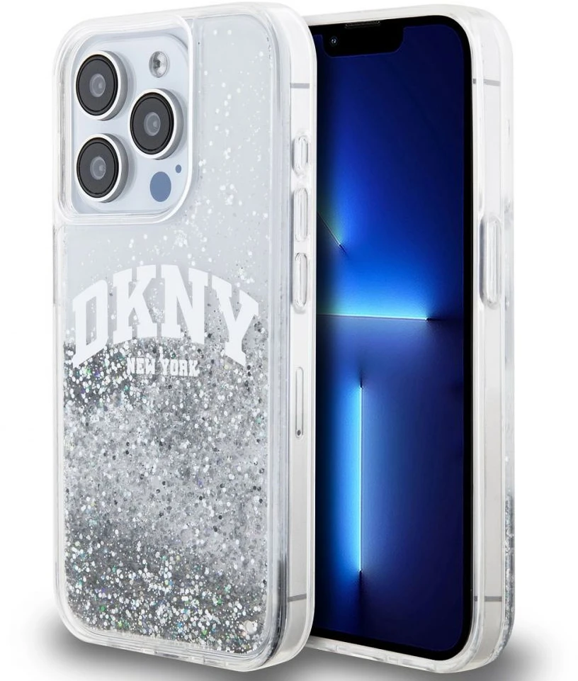 DKNY Liquid Glitter Arch Logo dėklas telefonui iPhone 14 Pro skaidrus