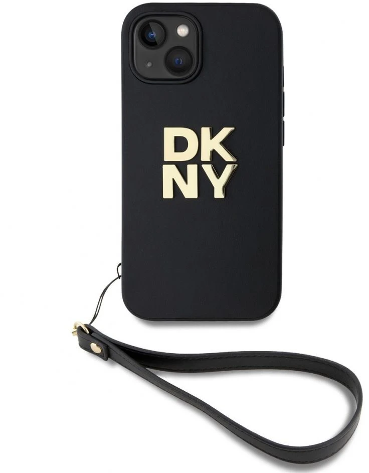 DKNY PU odos dėklas telefonui iPhone 13 su logotipu ir riešo dirželiu, juodos spalvos