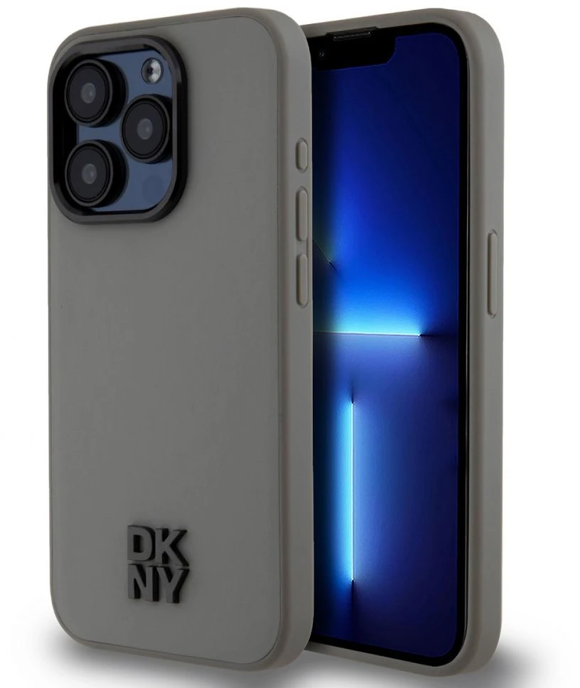 DKNY PU oda Stack Logo Magsafe dėklas telefonui iPhone 15 Pro Max pilkos spalvos