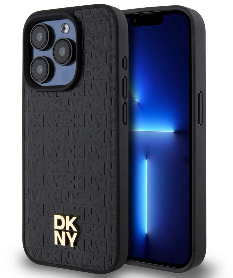 Apple iPhone 15 Pro DKNY odinis dėklas Pattern Monogram Metal Logo MagSafe (DKHMP15LPSHRPSK) juodos spalvos