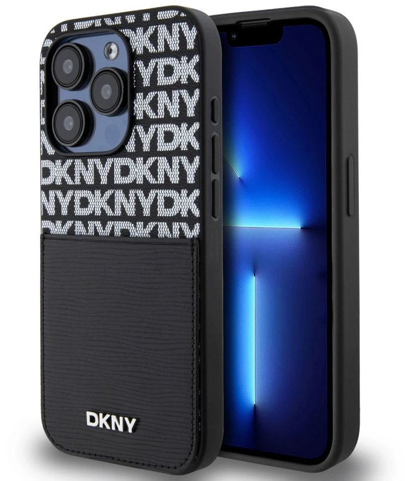 DKNY PU oda Repeated Pattern kortelės kišenė dėklas telefonui iPhone 14 Pro juodos spalvos