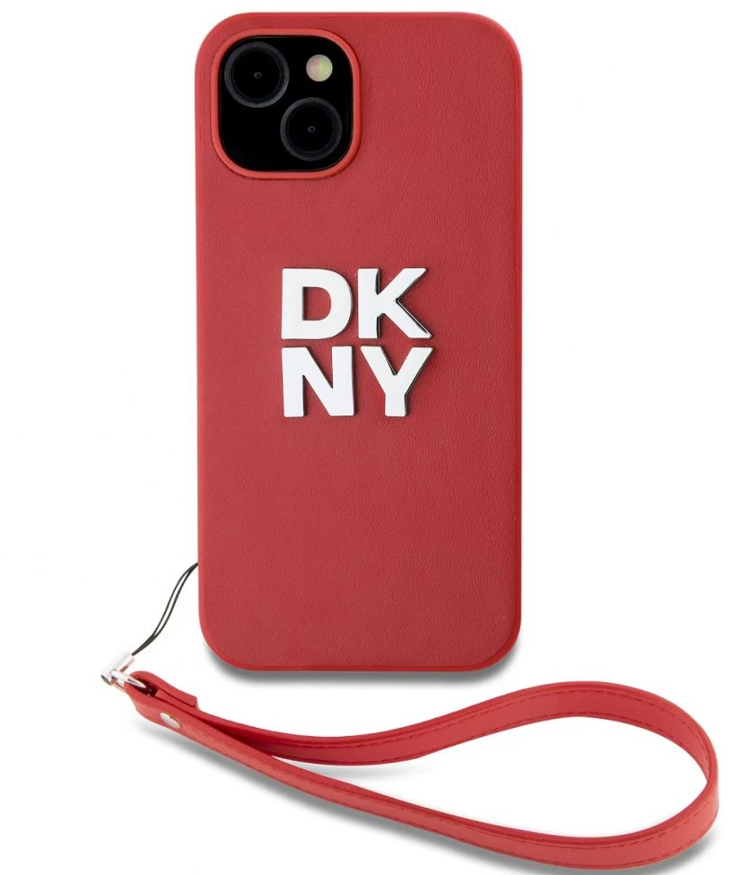 DKNY PU Leather Stack Logo Wrist Strap dėklas telefonui Apple iPhone 15 raudonos spalvos