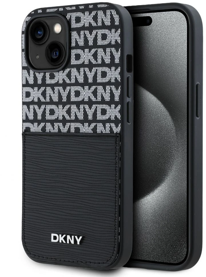 DKNY PU Leather Repeat Pattern Card Pocket dėklas telefonui Apple iPhone 14 juodos spalvos