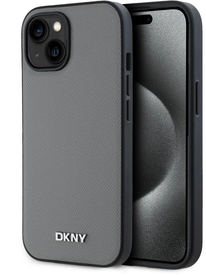 DKNY PU odos dėklas su sidabrinės spalvos metaliniu logotipu ir Magsafe funkcija, skirtas iPhone 13, pilkos spalvos
