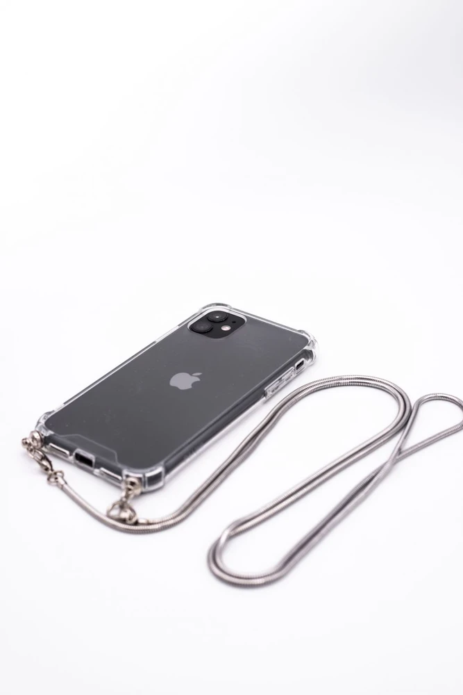 Dėklas Evelatus Apple iPhone 11 Pro Max Silicone Transparent with Necklace TPU Strap Sidabrinis