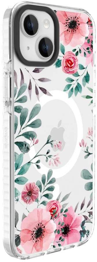 Dėklas Evelatus Apple iPhone 15 Plus PC+TPU With MagSafe Customized Print Flower Transparent