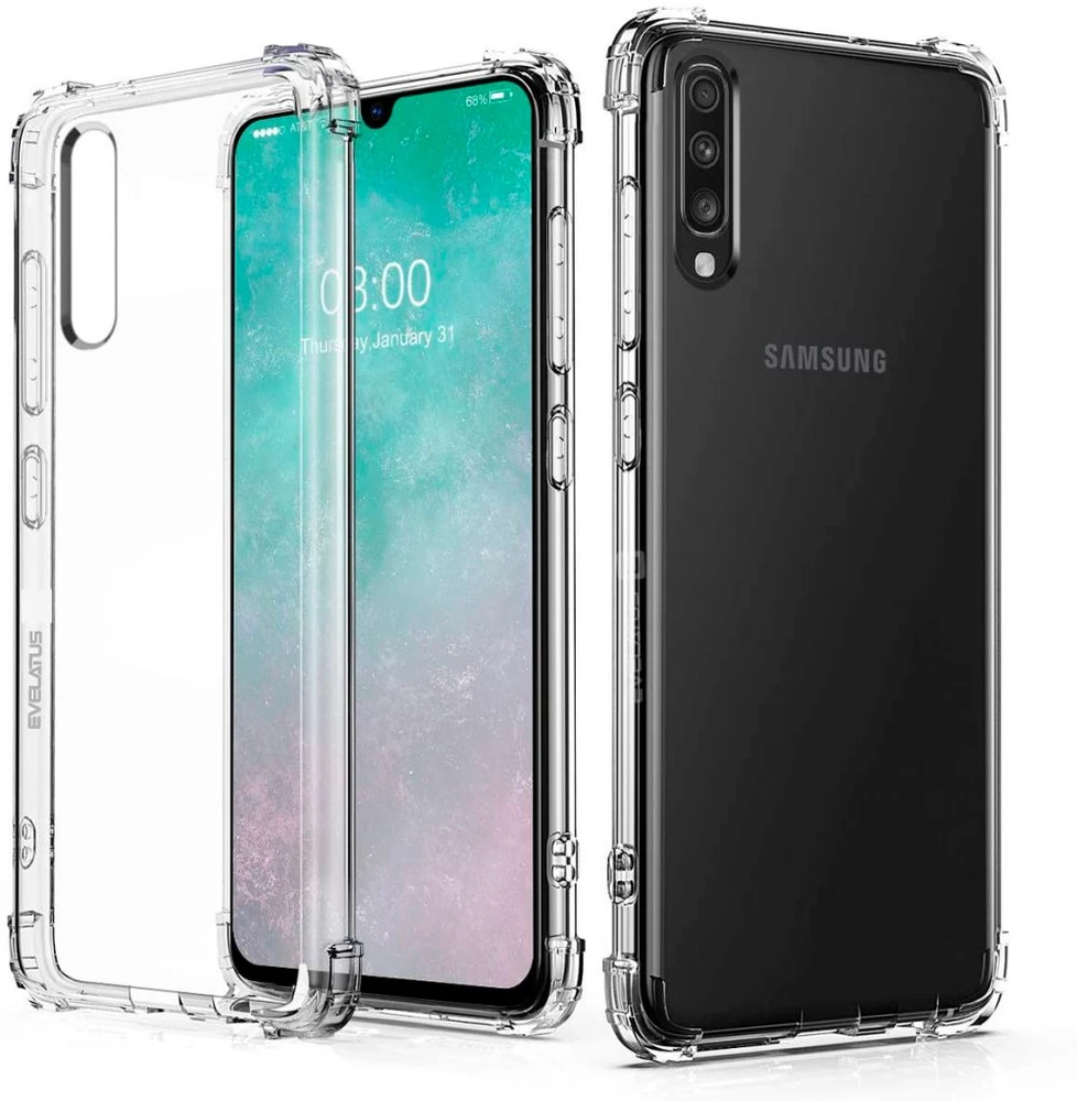 Evelatus Samsung Galaxy A70 Military Shockproof Silikoninis dėklas TPU Transparent