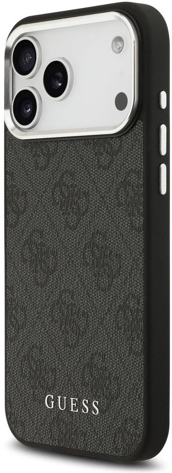 Guess PU Fixed Glitter 4G Metal Logo dėklas, skirtas iPhone 17 Pro Max, rožinės spalvos