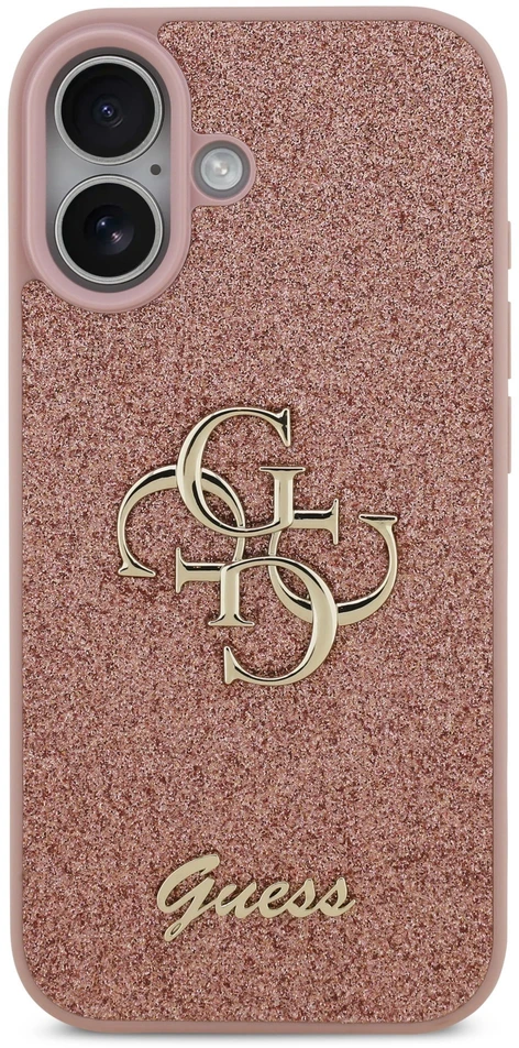 Guess PU Fixed Glitter 4G Metal Logo dėklas skirtas iPhone 17 rožinės spalvos