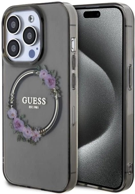 Guess IML Flowers Wreath MagSafe - dėklas skirtas Apple iPhone 15 Pro Juodas