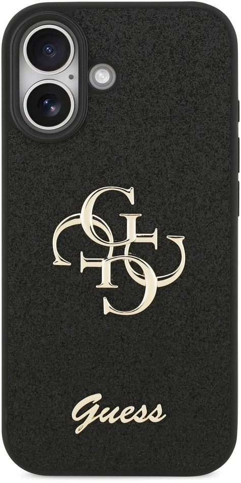 Guess PU Fixed Glitter 4G Metal Logo dėklas skirtas iPhone 17 juodos spalvos