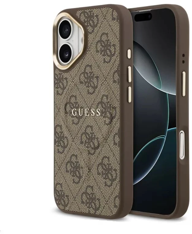 Guess PU odos 4G Gold Frame MagSafe dėklas skirtas iPhone 17 rudos spalvos
