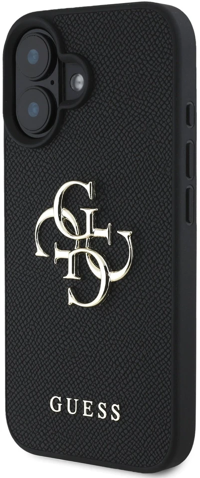 Guess Grained Big 4G Logo Small Classic Logo iPhone 16 telefono dėklas, juodos spalvos