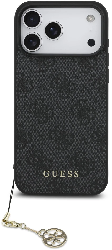 Guess 4G Charm pilkos spalvos „Tone on Tone“ dėklas, skirtas iPhone 17 Pro Max